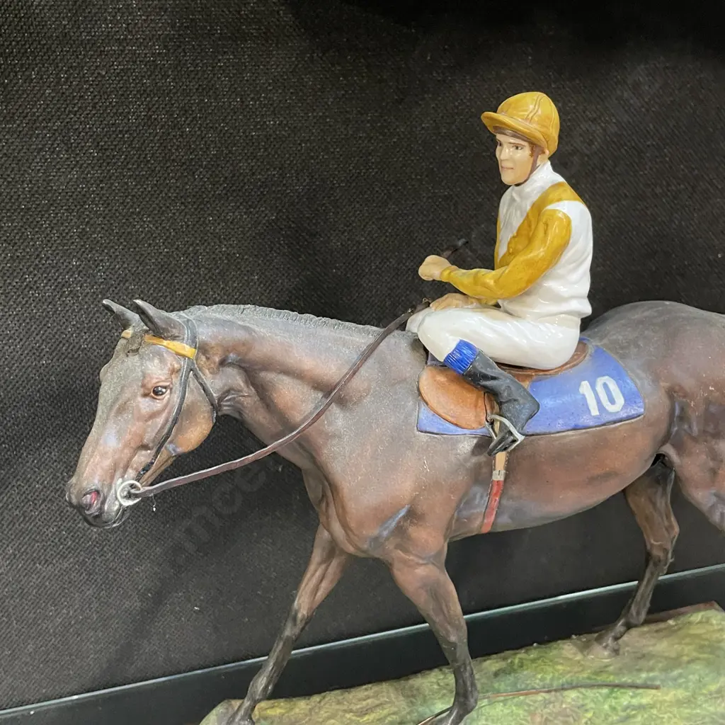 Ceramic "Winning Horse" Figurine on Wooden plinth (af). H32cm Image 1++