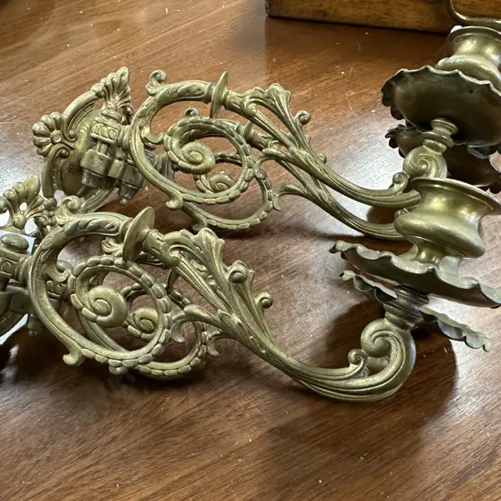 Pair Of Antique Brass Duo Candle Sconces