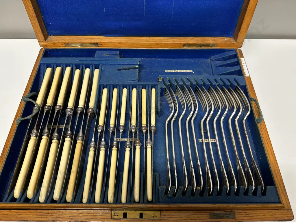 Original Oak Cased Canteen of Elkington & Co Liverpool 76 Pce Cutlery, Monogrammed Image 1++