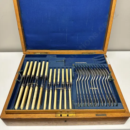 Original Oak Cased Canteen of Elkington & Co Liverpool 76 Pce Cutlery, Monogrammed