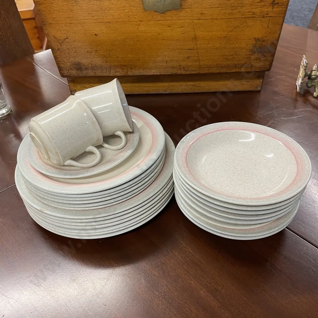 Crown Lynn Dinnerset. Cream fleck with pink trim Image 1++