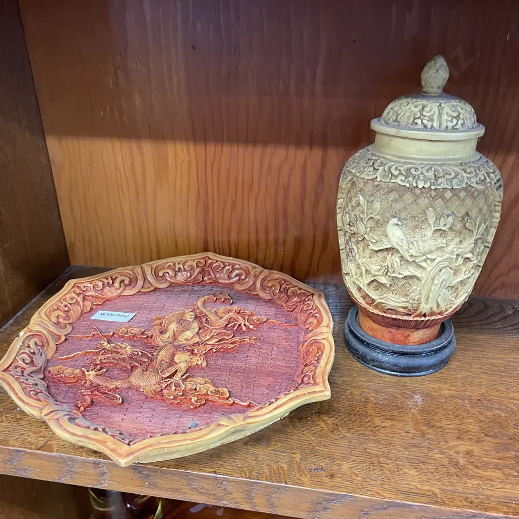 Vintage Chinese Carved Resin Ginger Jar with 6 sided plate Image 1++