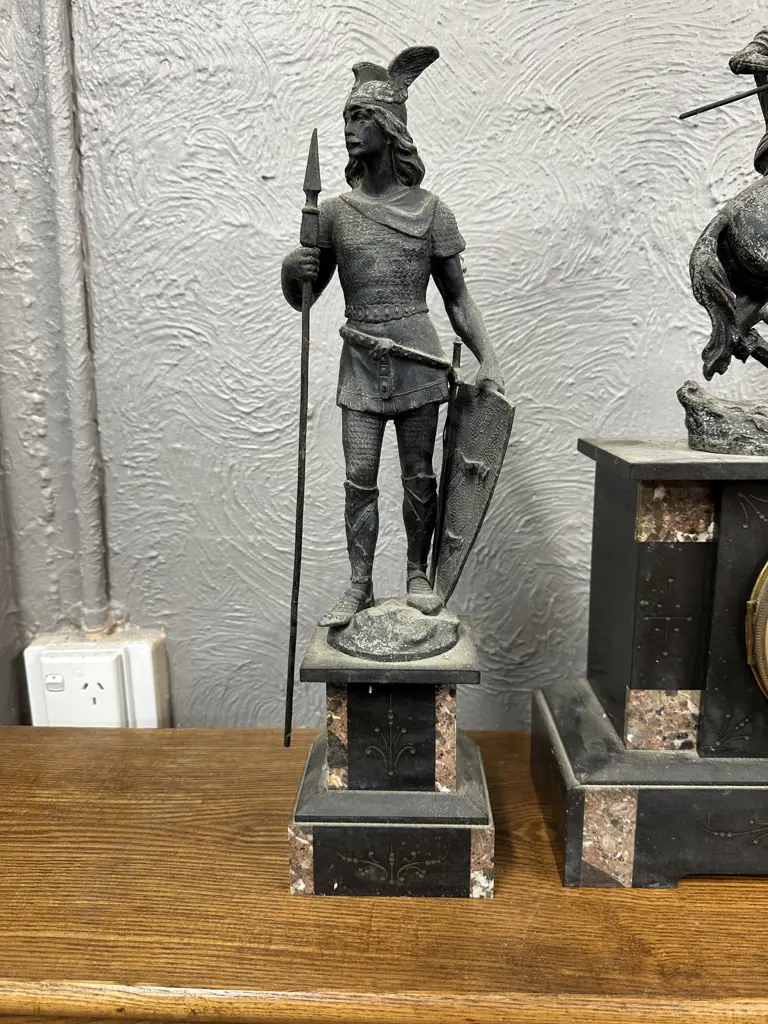 Art Nouveau Three Piece Fiqural  Mantle Clock Slate And Marble Detail Vintage Condition Image 1++