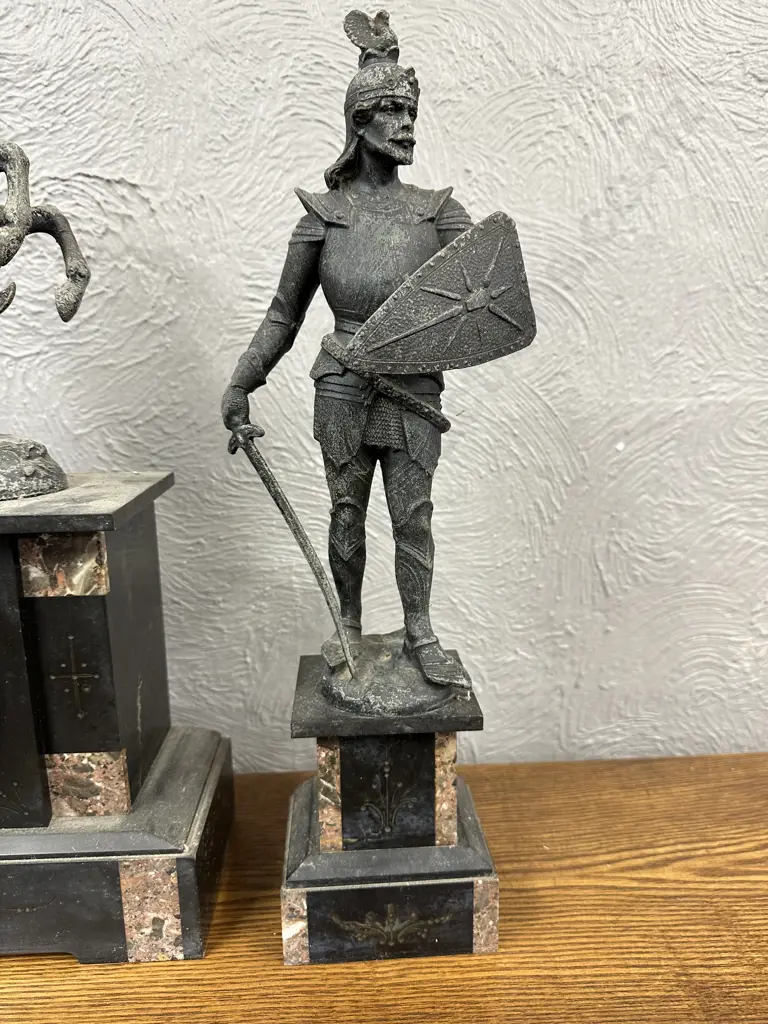 Art Nouveau Three Piece Fiqural  Mantle Clock Slate And Marble Detail Vintage Condition Image 1++