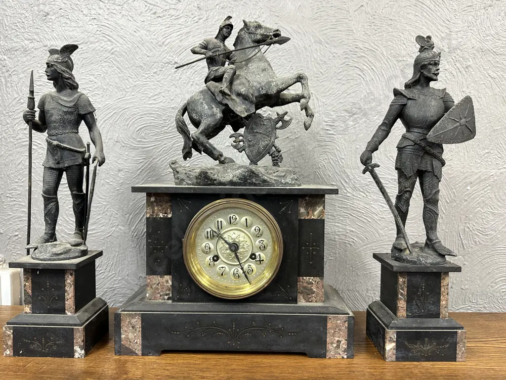Art Nouveau Three Piece Fiqural  Mantle Clock Slate And Marble Detail Vintage Condition Image 1++