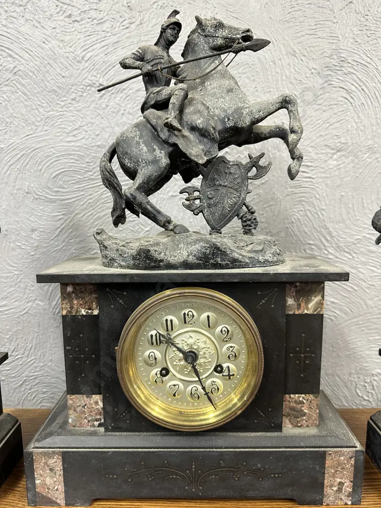 Art Nouveau Three Piece Fiqural  Mantle Clock Slate And Marble Detail Vintage Condition Image 1++