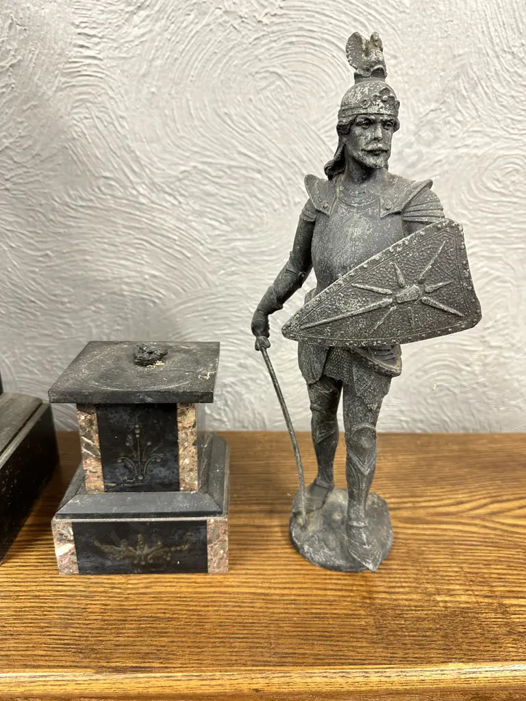 Art Nouveau Three Piece Fiqural  Mantle Clock Slate And Marble Detail Vintage Condition Image 1++