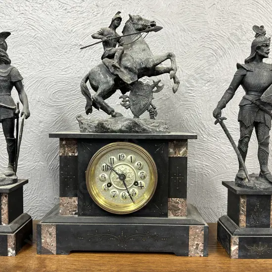 Art Nouveau Three Piece Fiqural  Mantle Clock Slate And Marble Detail Vintage Condition