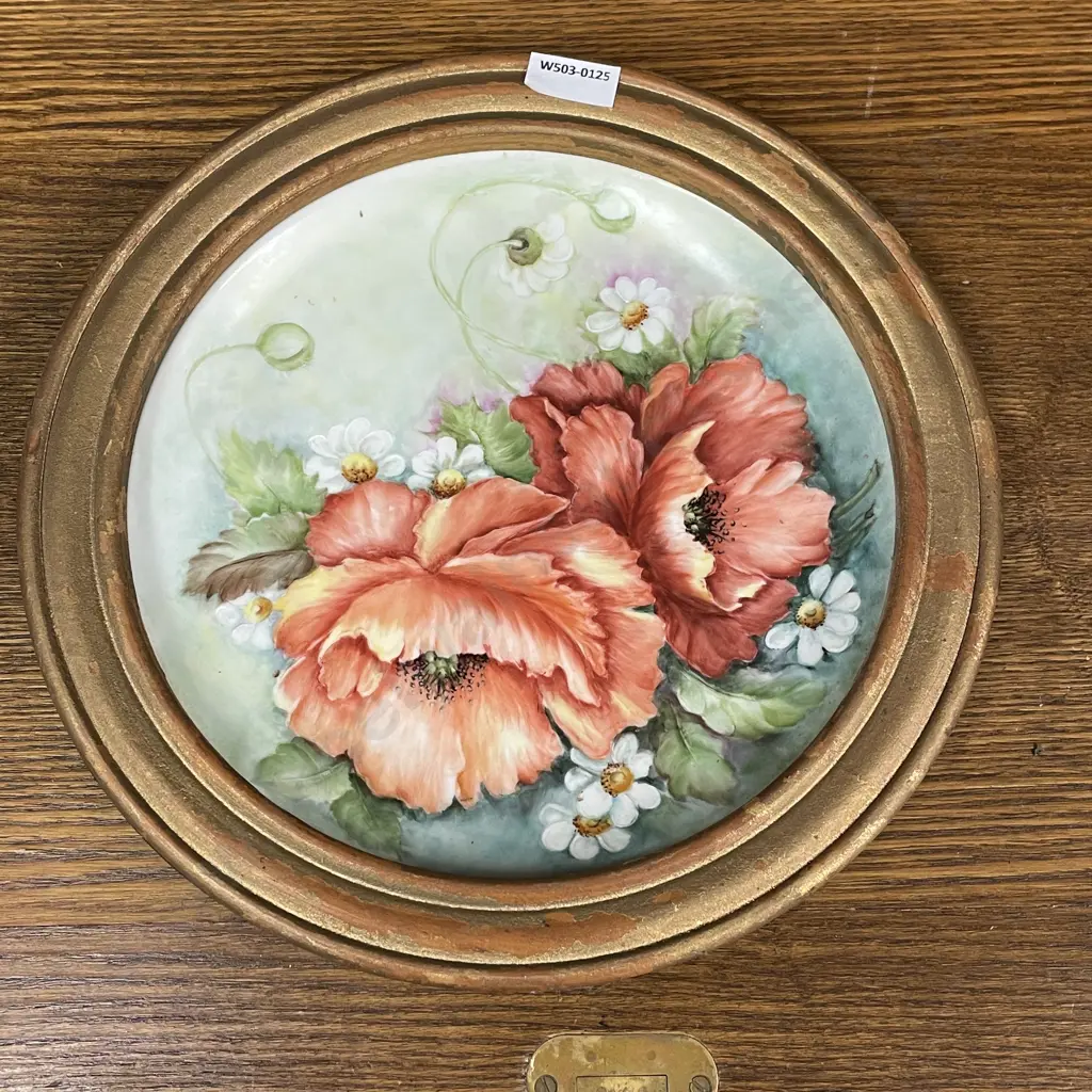 West German gilt wood framed porcelain plate with handpainted poppies. Dia30cm Image 1++