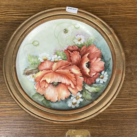 West German gilt wood framed porcelain plate with handpainted poppies. Dia30cm