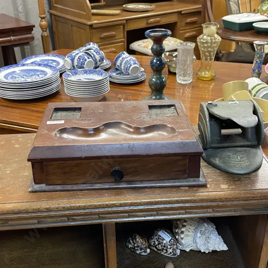 Antique Wooden Desk Box, with Vintage Hole Punch