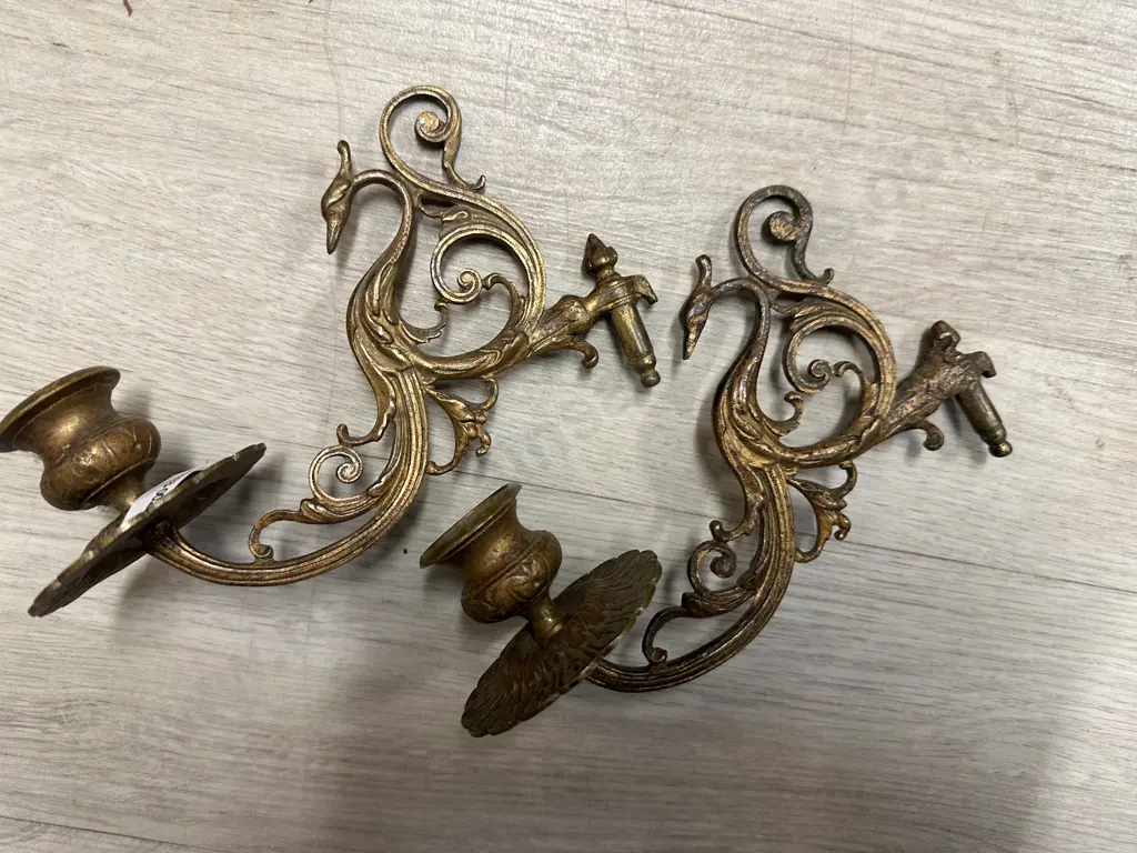 Pair Of Antique Art Nouveau Brass Candle Sconces with ornate bird detail Image 1++