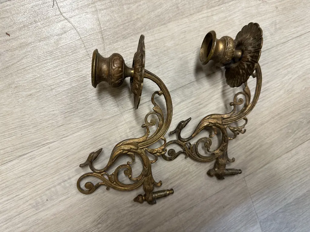 Pair Of Antique Art Nouveau Brass Candle Sconces with ornate bird detail Image 1++