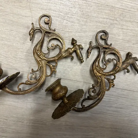 Pair Of Antique Art Nouveau Brass Candle Sconces with ornate bird detail