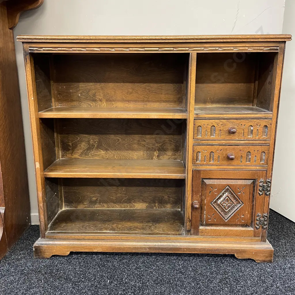Vintage Solid Oak Bookshelf Cabinet. 2 drawer, single door. Carved detail. H87 W94 D27cm. Borer evident Image 1++