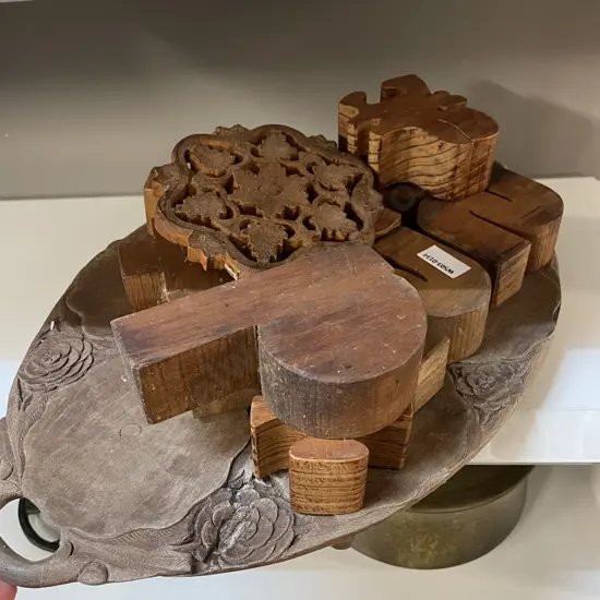 Vintage Carved Wooden tray with wood letters and trivet