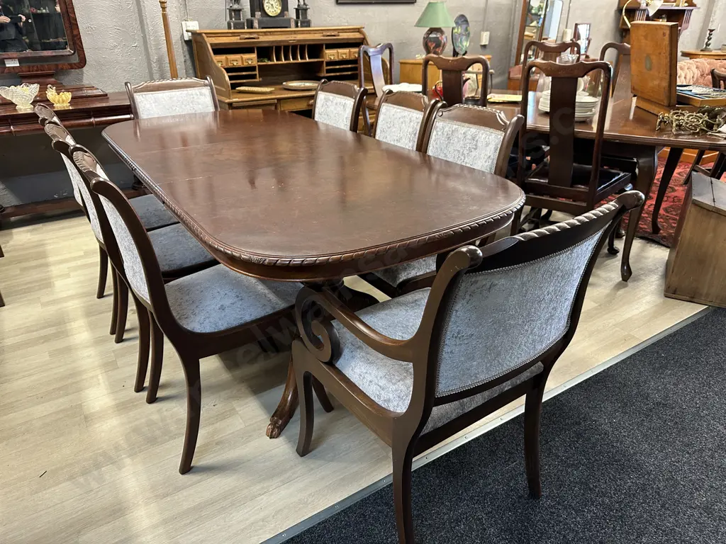 Mahogany Extension Table Rope Edge Double Pedestal With Six Grey Upholstered Chairs & Two Carvers L158 & 204cm Image 1++