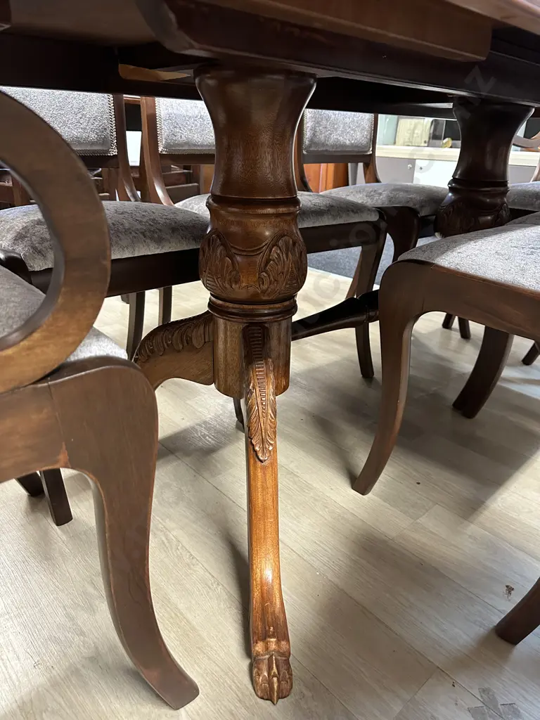 Mahogany Extension Table Rope Edge Double Pedestal With Six Grey Upholstered Chairs & Two Carvers L158 & 204cm Image 1++