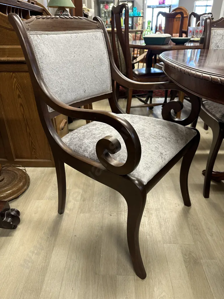 Mahogany Extension Table Rope Edge Double Pedestal With Six Grey Upholstered Chairs & Two Carvers L158 & 204cm Image 1++