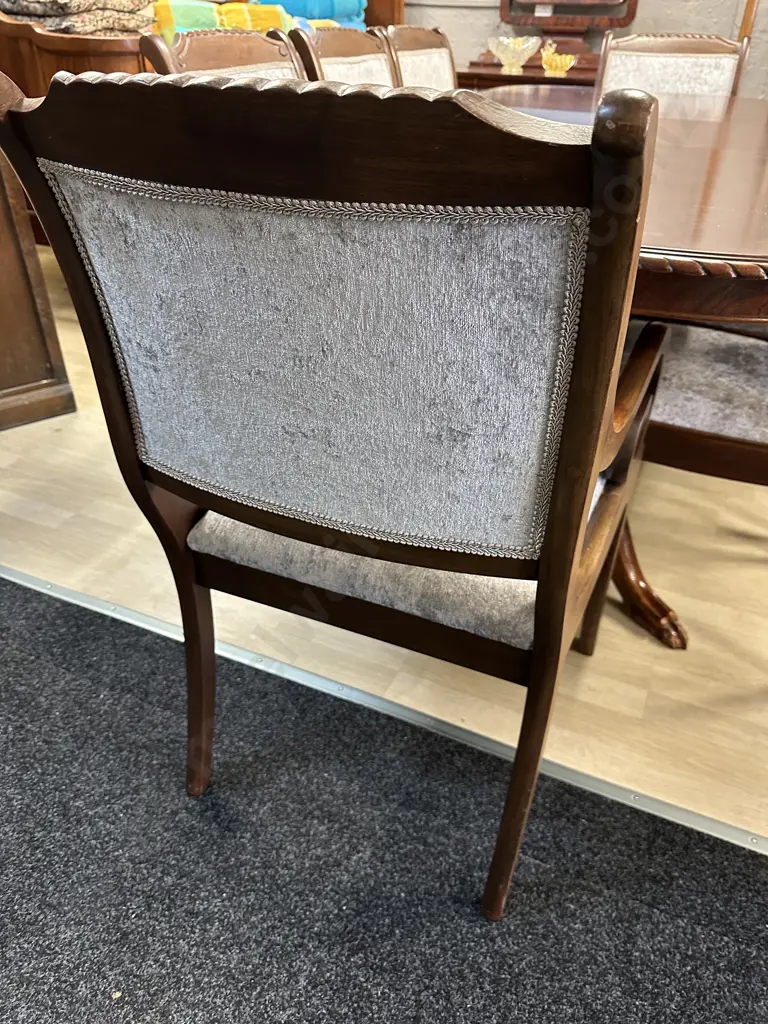 Mahogany Extension Table Rope Edge Double Pedestal With Six Grey Upholstered Chairs & Two Carvers L158 & 204cm Image 1++