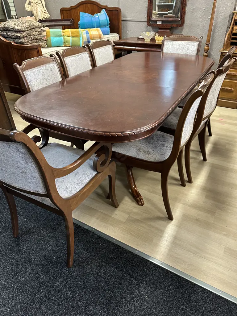 Mahogany Extension Table Rope Edge Double Pedestal With Six Grey Upholstered Chairs & Two Carvers L158 & 204cm Image 1++