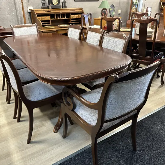 Mahogany Extension Table Rope Edge Double Pedestal With Six Grey Upholstered Chairs & Two Carvers L158 & 204cm