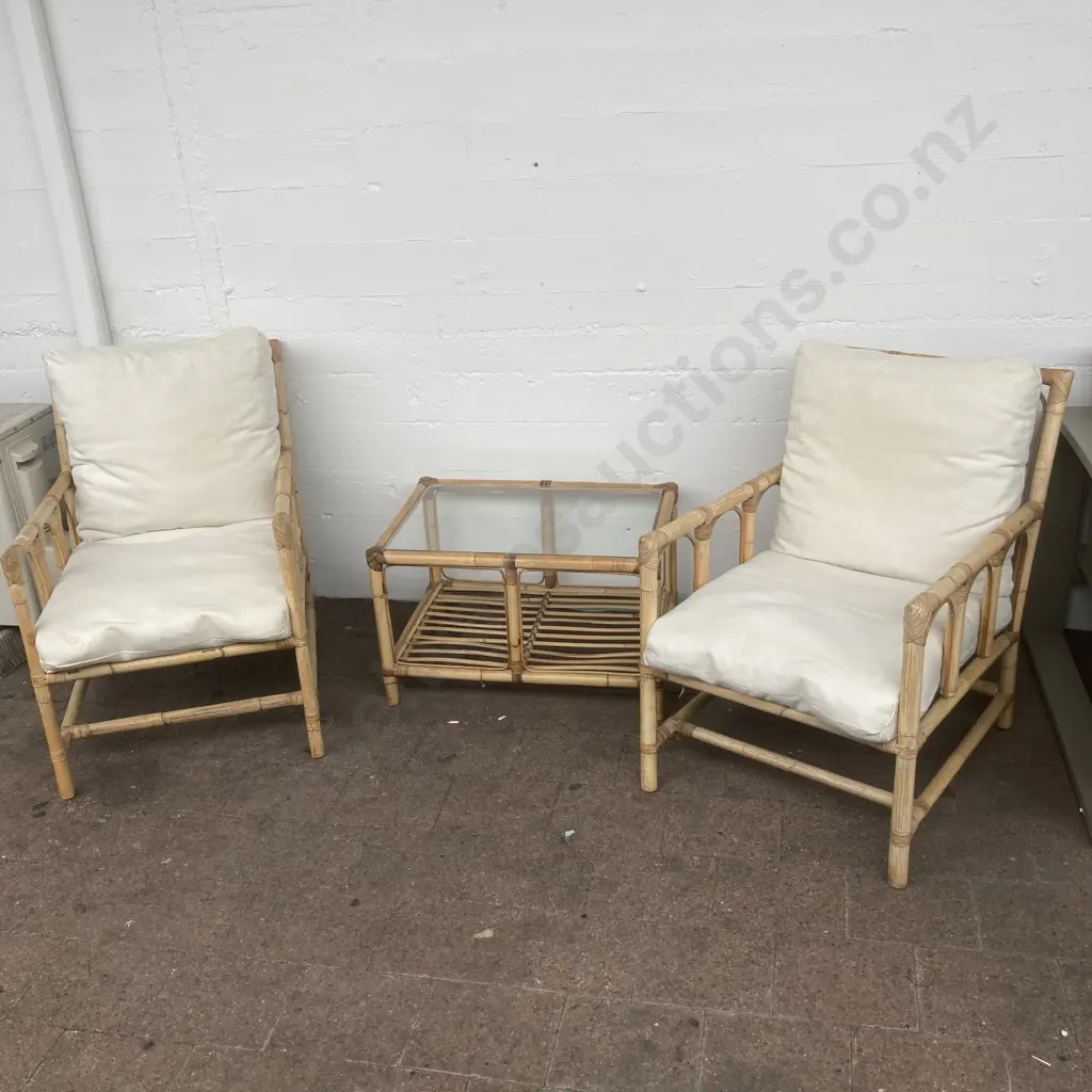 Cane Patio Suite. Two armchairs with cream fabric squabs and rectangular glass topped table - 67 x 47cm Image 1++