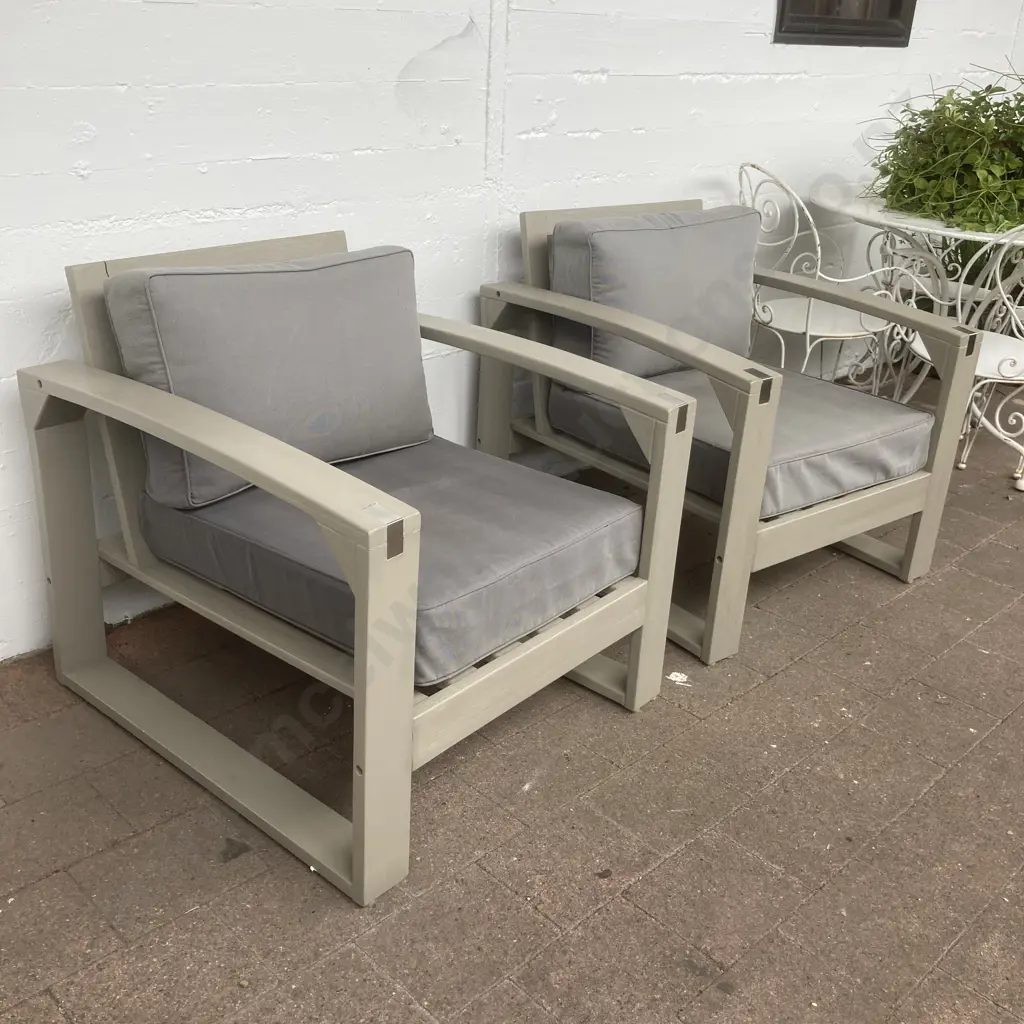 Pair of Wooden Slat Outdoor Chairs With Polished Chrome Detail On Arms & Marine Canvas Squabs Ex Freedom Furniture Image 1++