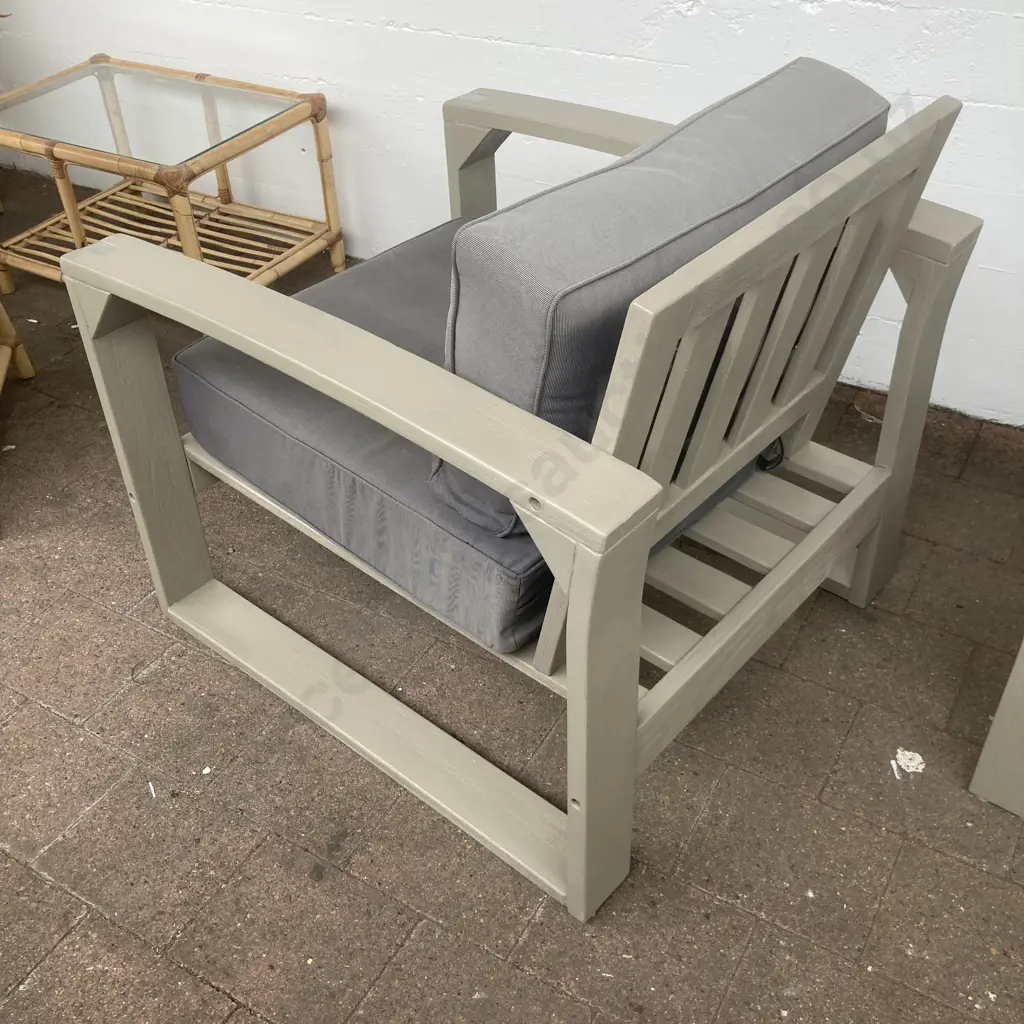 Pair of Wooden Slat Outdoor Chairs With Polished Chrome Detail On Arms & Marine Canvas Squabs Ex Freedom Furniture Image 1++