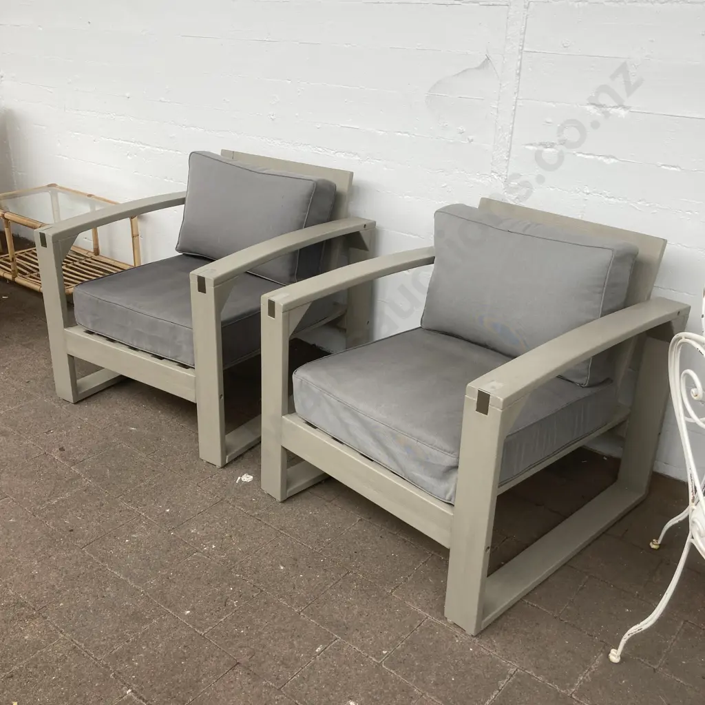 Pair of Wooden Slat Outdoor Chairs With Polished Chrome Detail On Arms & Marine Canvas Squabs Ex Freedom Furniture Image 1++