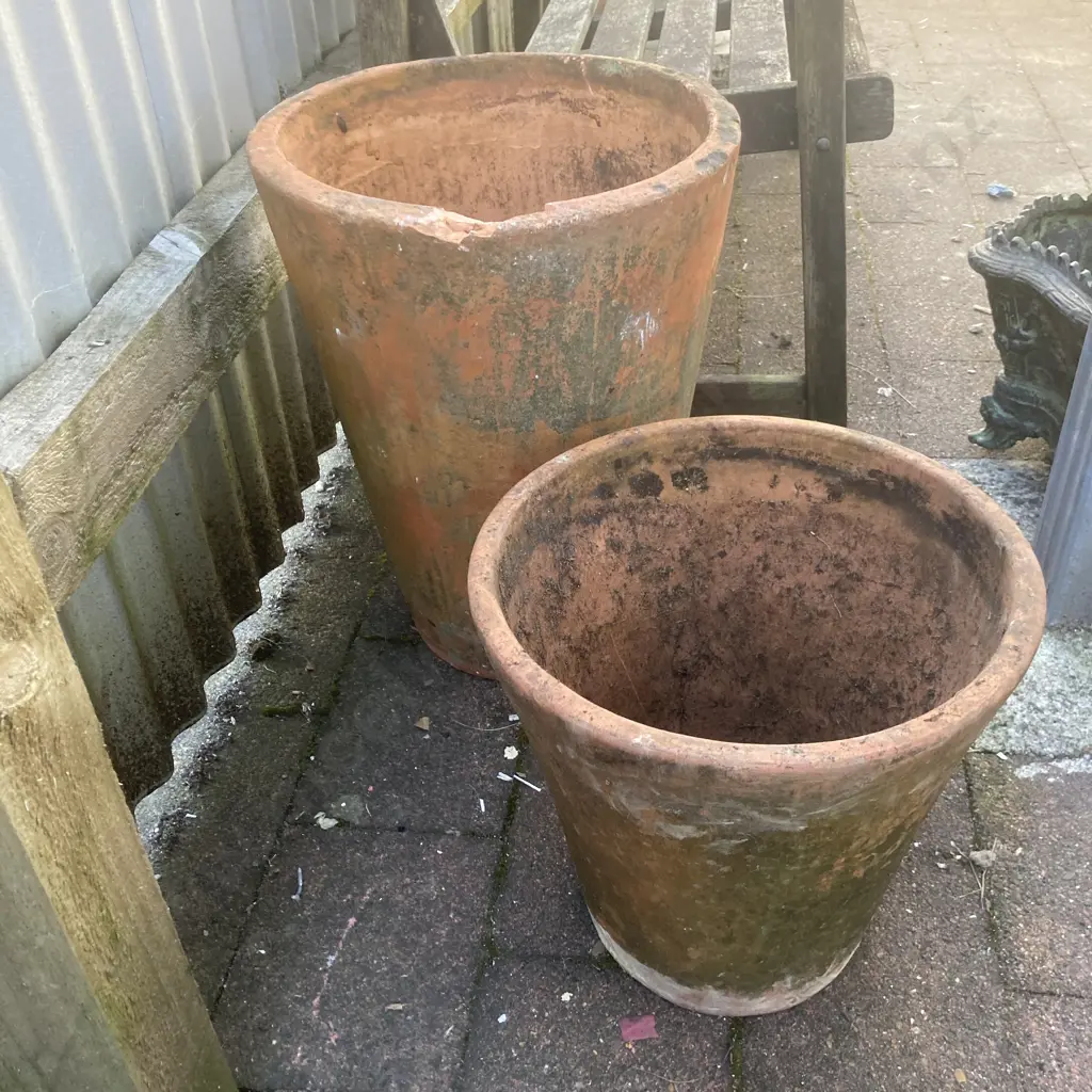 Pair of Terracotta Planters (One Damaged) 34 & 49cm Image 1++