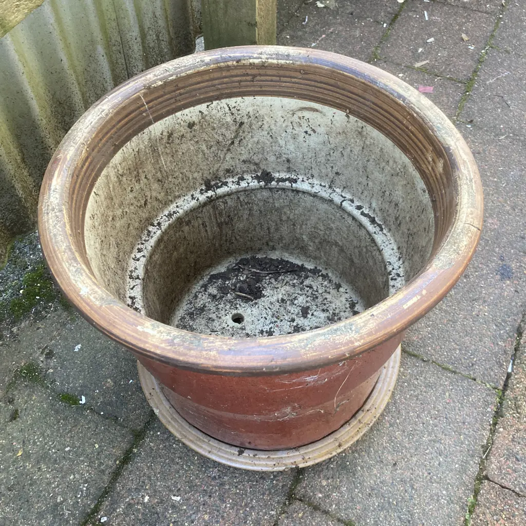 Heavy Burgundy Drip Glazed Planter With Saucer, 33 x 38cm (As Found) Image 1++