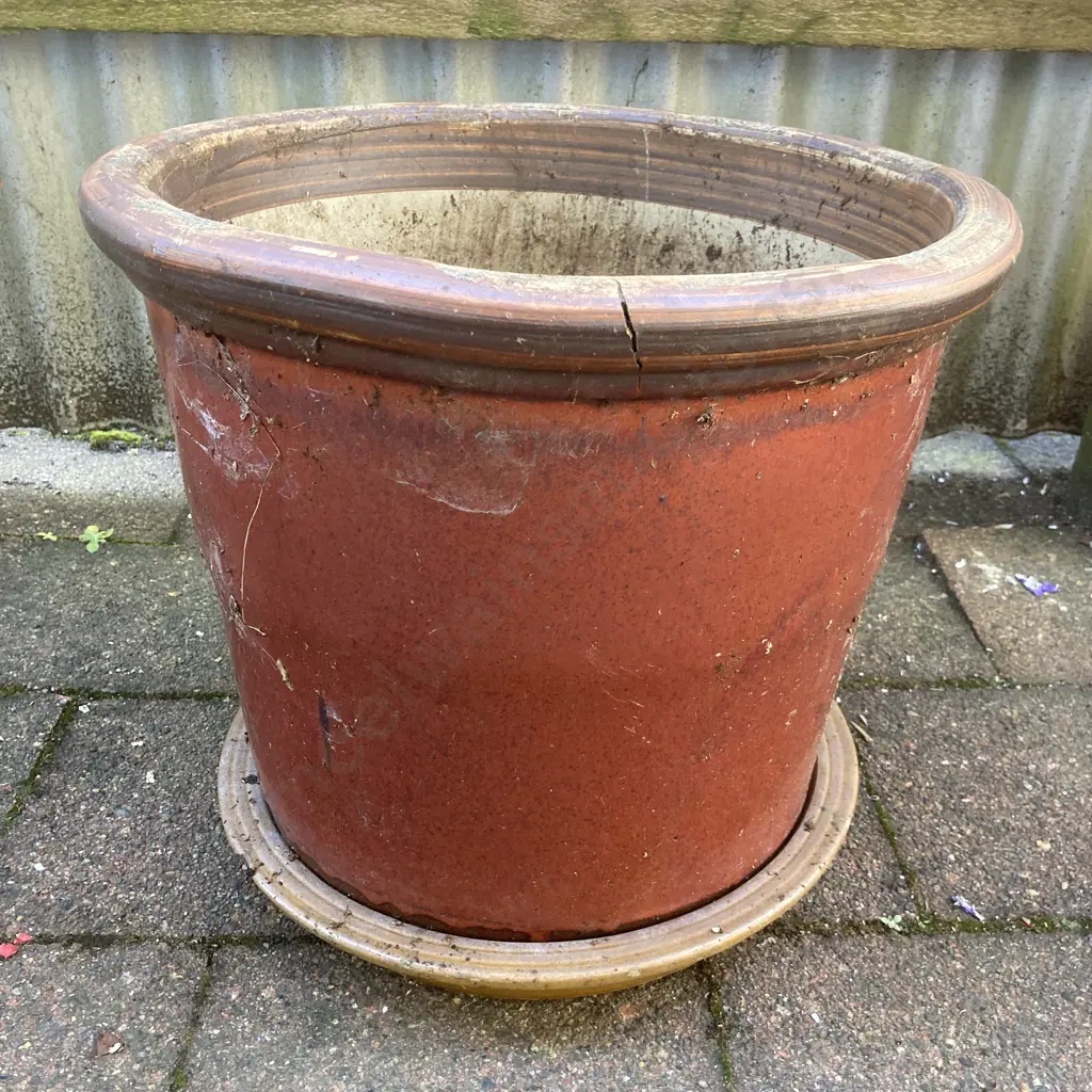 Heavy Burgundy Drip Glazed Planter With Saucer, 33 x 38cm (As Found) Image 1++