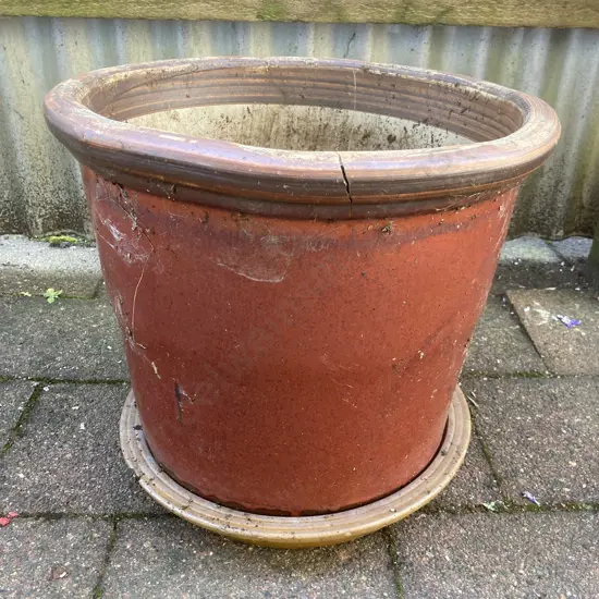 Heavy Burgundy Drip Glazed Planter With Saucer, 33 x 38cm (As Found)