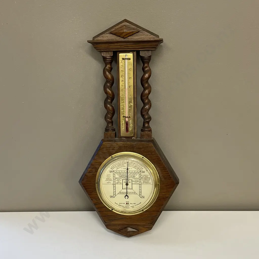 Antique Short and Mason London Barometer. Oak framed with barley twist pillars and brass detail. H51cm Image 1++