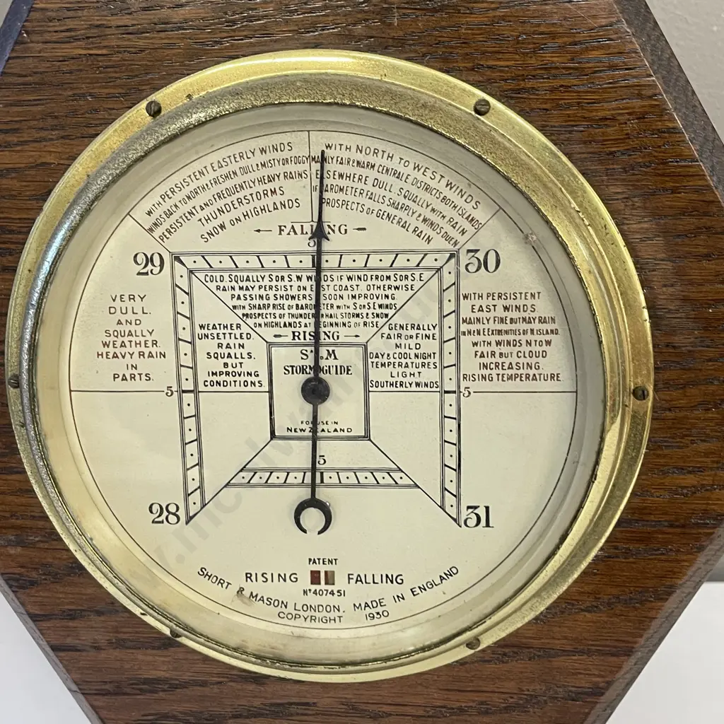 Antique Short and Mason London Barometer. Oak framed with barley twist pillars and brass detail. H51cm Image 1++
