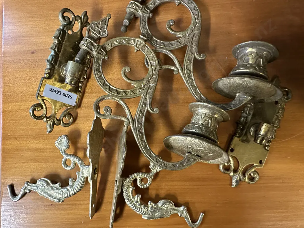 Pair Of Antique Brass Candle Sconces with Pair Of Wall Hooks with fish detail Image 1++