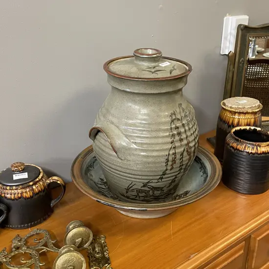 Two Large Stephen and Zoe Carter Art Pottery Items. Lidded 2 handled Jar H37 and Bowl Dia 37cm