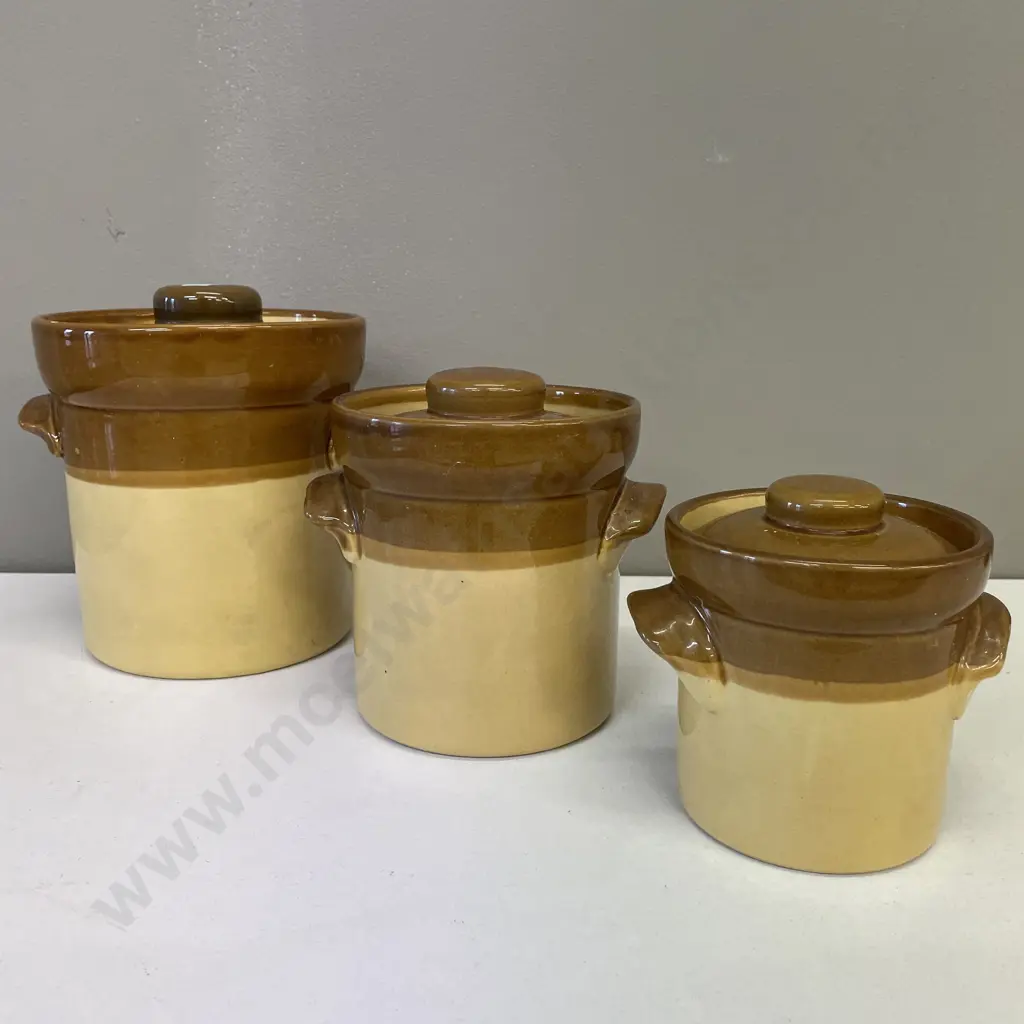 Trio of graduating sized T G and Green Lidded Pottery Cannisters Image 1++