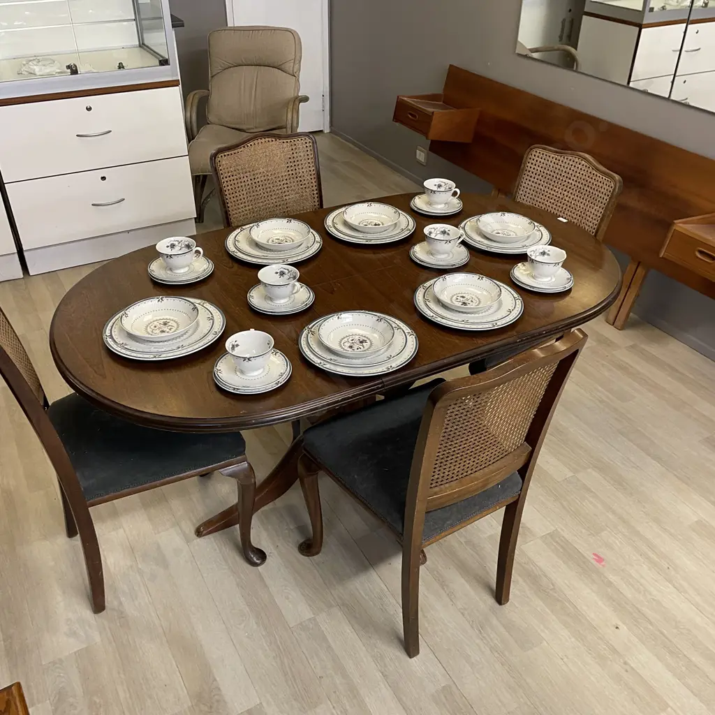 Vintage Mahogany 5 piece Dining Suite. Cane back filled chairs with blue grey upholstery Image 1++