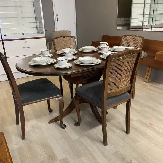 Vintage Mahogany 5 piece Dining Suite. Cane back filled chairs with blue grey upholstery