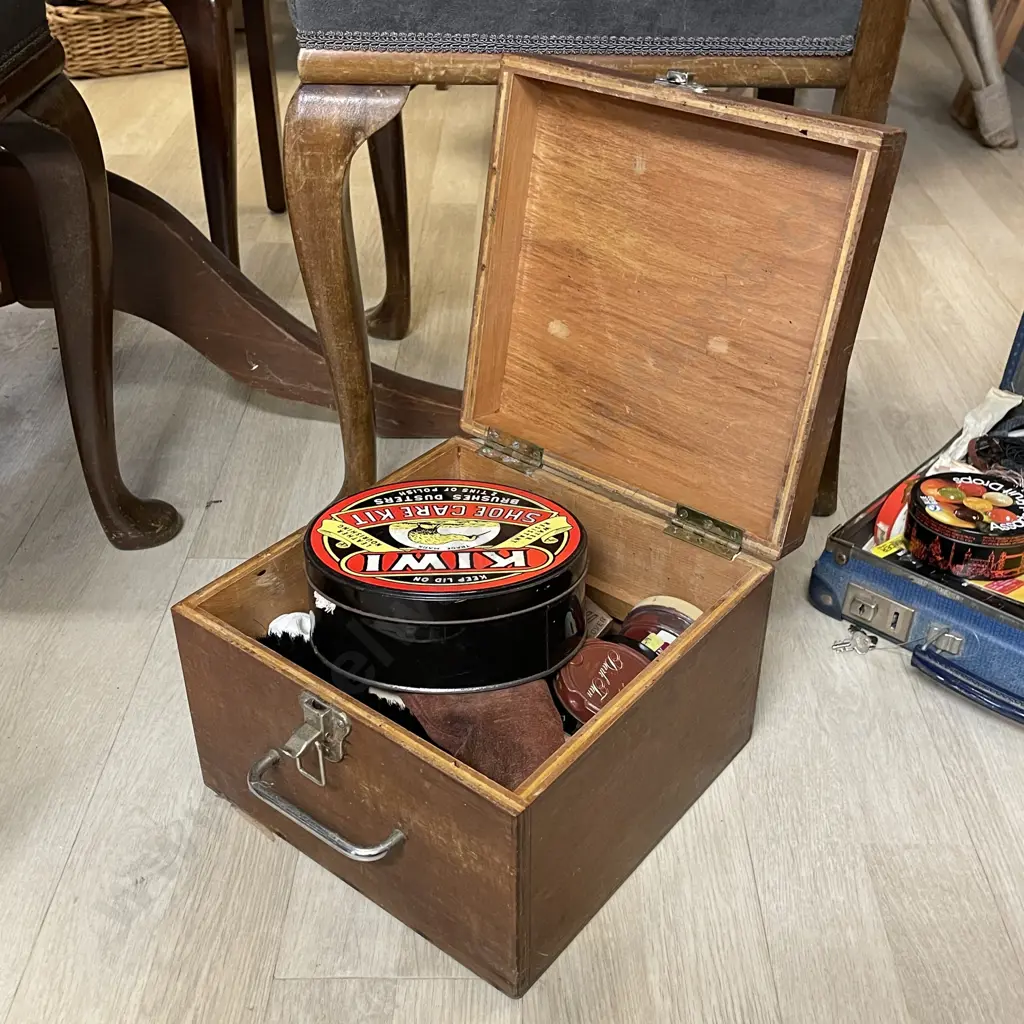 Solid Wood Shoe Box with assorted polish, brushes etc Image 1++