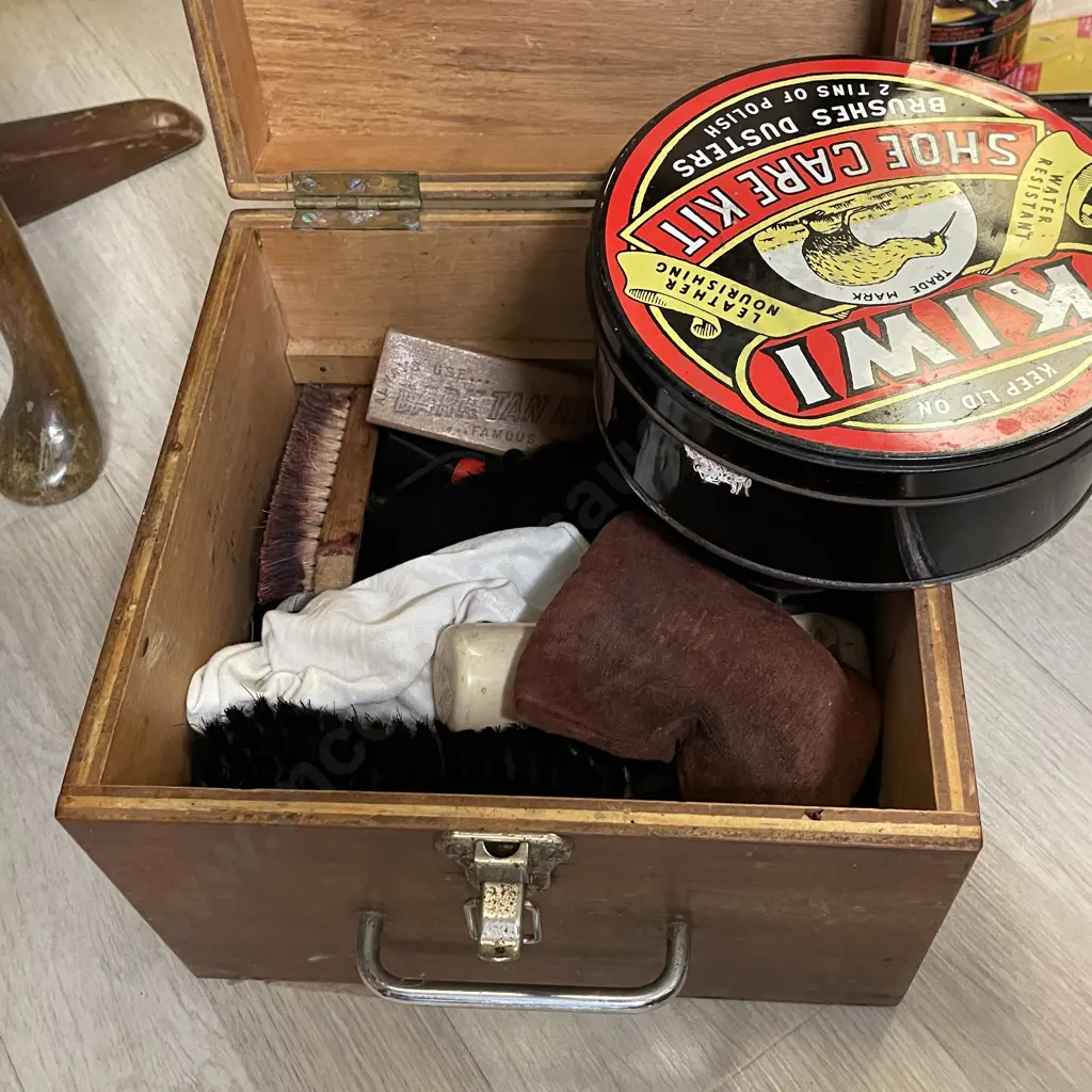 Solid Wood Shoe Box with assorted polish, brushes etc Image 1++