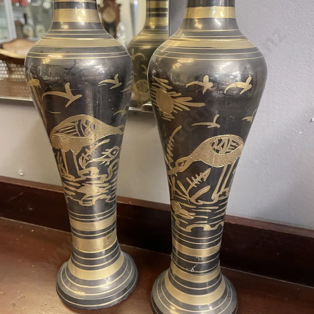Pair Vintage Gilded metal Vases with bird scene. H31cm Image 1++