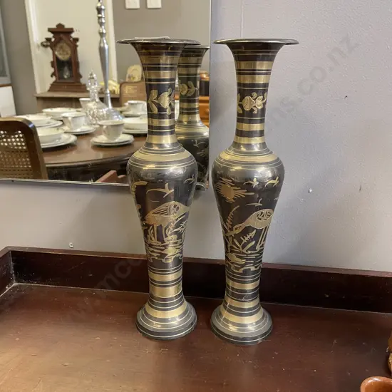 Pair Vintage Gilded metal Vases with bird scene. H31cm