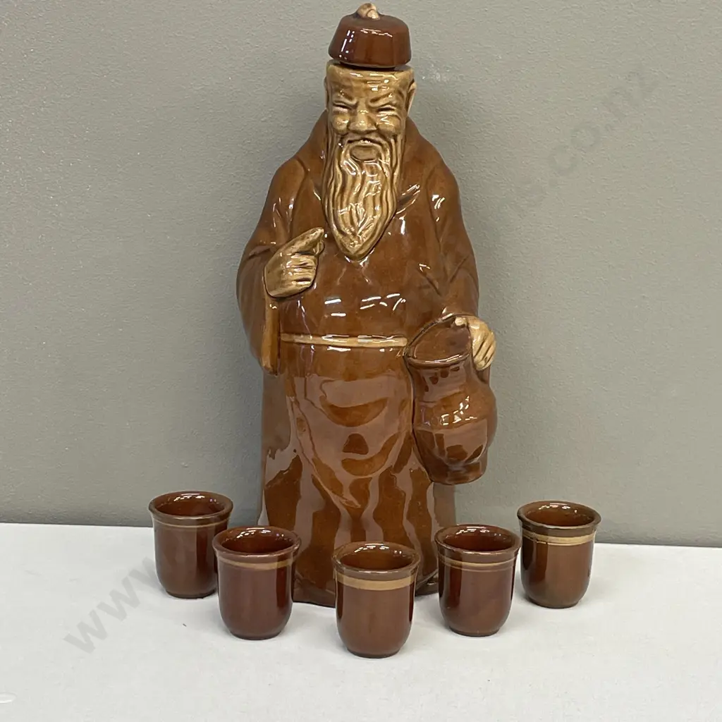 Vintage German? Glazed Pottery Decanter and 5 cups Image 1++