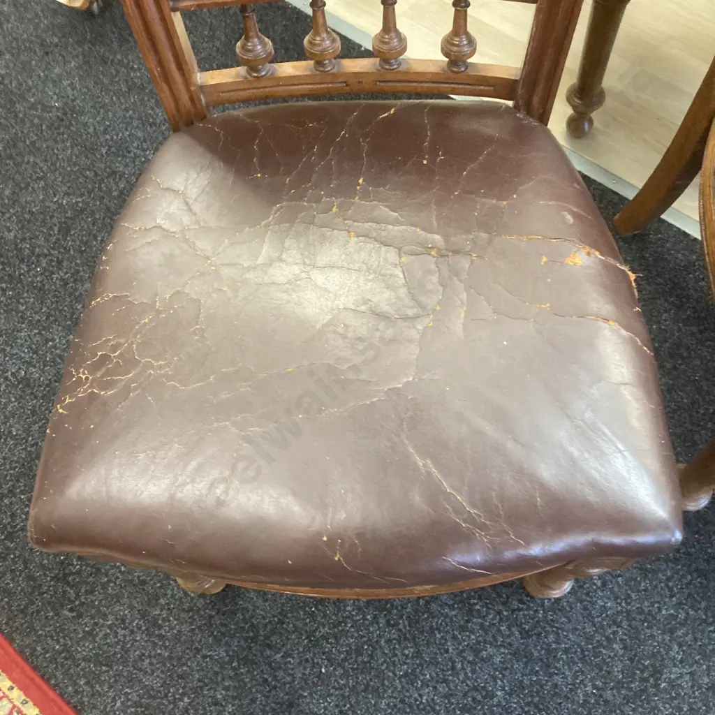 Set of 6 Victorian Oak? Dining Chairs, Wooden & Steel Domes, Distressed Brown Leather Upholstery Image 1++