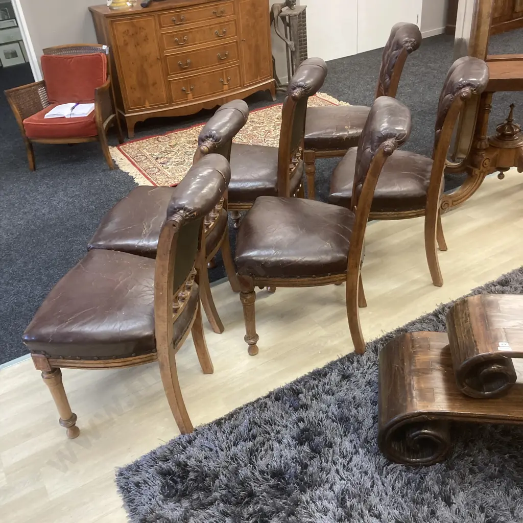 Set of 6 Victorian Oak? Dining Chairs, Wooden & Steel Domes, Distressed Brown Leather Upholstery Image 1++