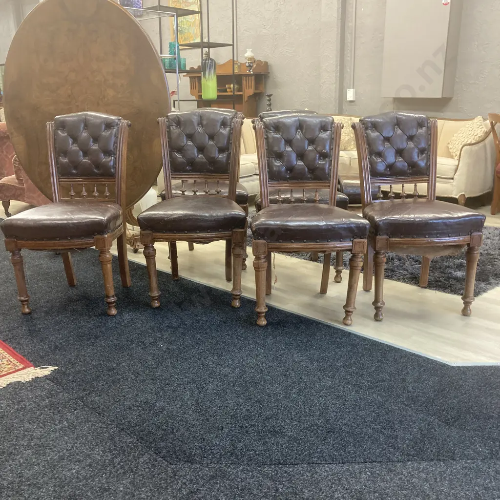 Set of 6 Victorian Oak? Dining Chairs, Wooden & Steel Domes, Distressed Brown Leather Upholstery Image 1++