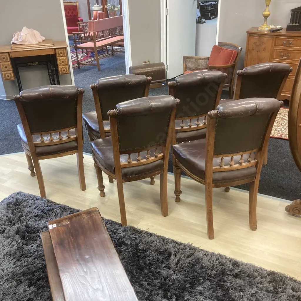 Set of 6 Victorian Oak? Dining Chairs, Wooden & Steel Domes, Distressed Brown Leather Upholstery Image 1++